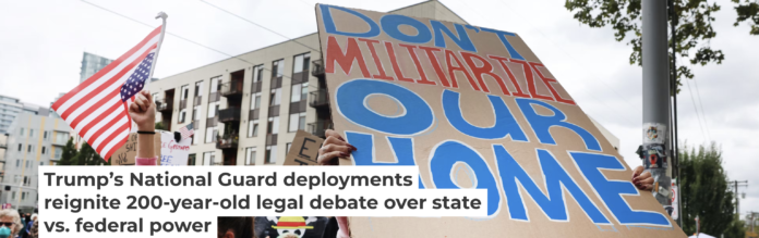 Demonstrators in Portland, Ore., protest on Oct. 4, 2025, against President Donald Trump’s plan to deploy the National Guard to the city. Spencer Platt/Getty Images